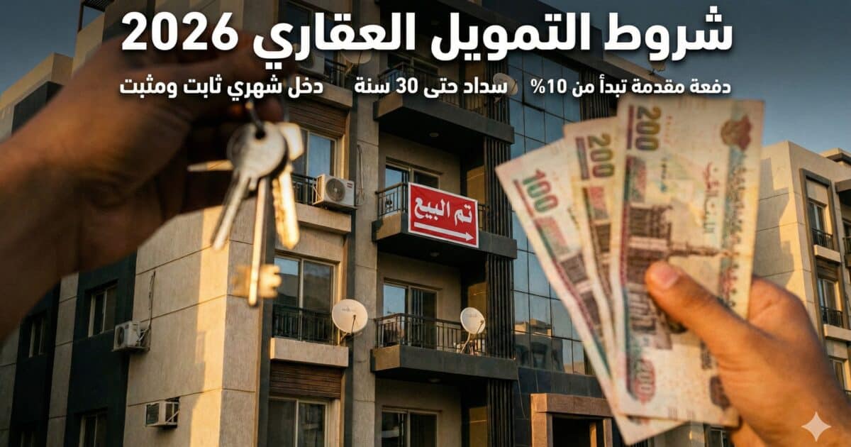 مفاتيح شقة جديدة وعملة مصرية ترمز إلى شروط التمويل العقاري 2026 وامتلاك منزل