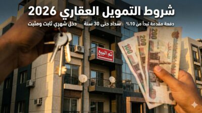 مفاتيح شقة جديدة وعملة مصرية ترمز إلى شروط التمويل العقاري 2026 وامتلاك منزل