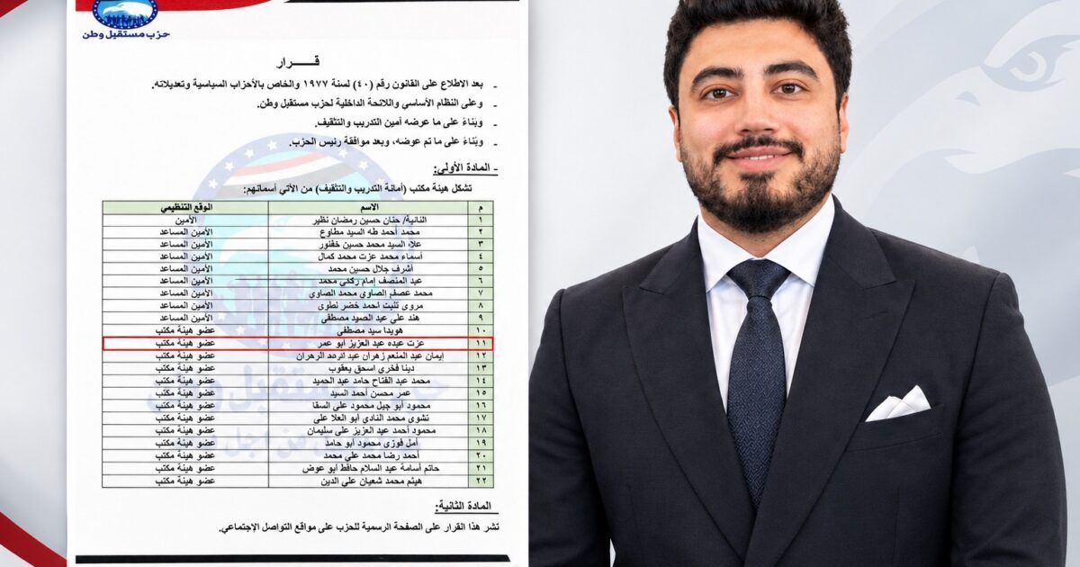 «مستقبل وطن» يختار عزت عبده عضوًا بهيئة مكتب أمانة التدريب والتثقيف المركزية